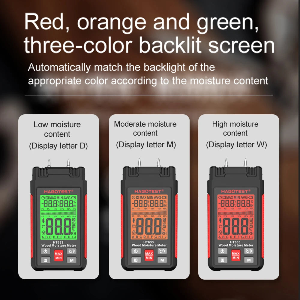Wood Moisture Meter, Digital Humidity Meter with 3 Colours Backlit LCD,Moisture Meter Detector for Walls,Logs,Firewood,Building