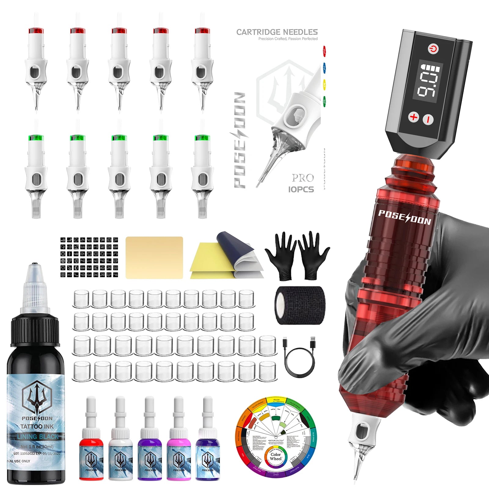 Poseidon Tattoo-Stift-Set mit Netzteil für präzises Tätowieren