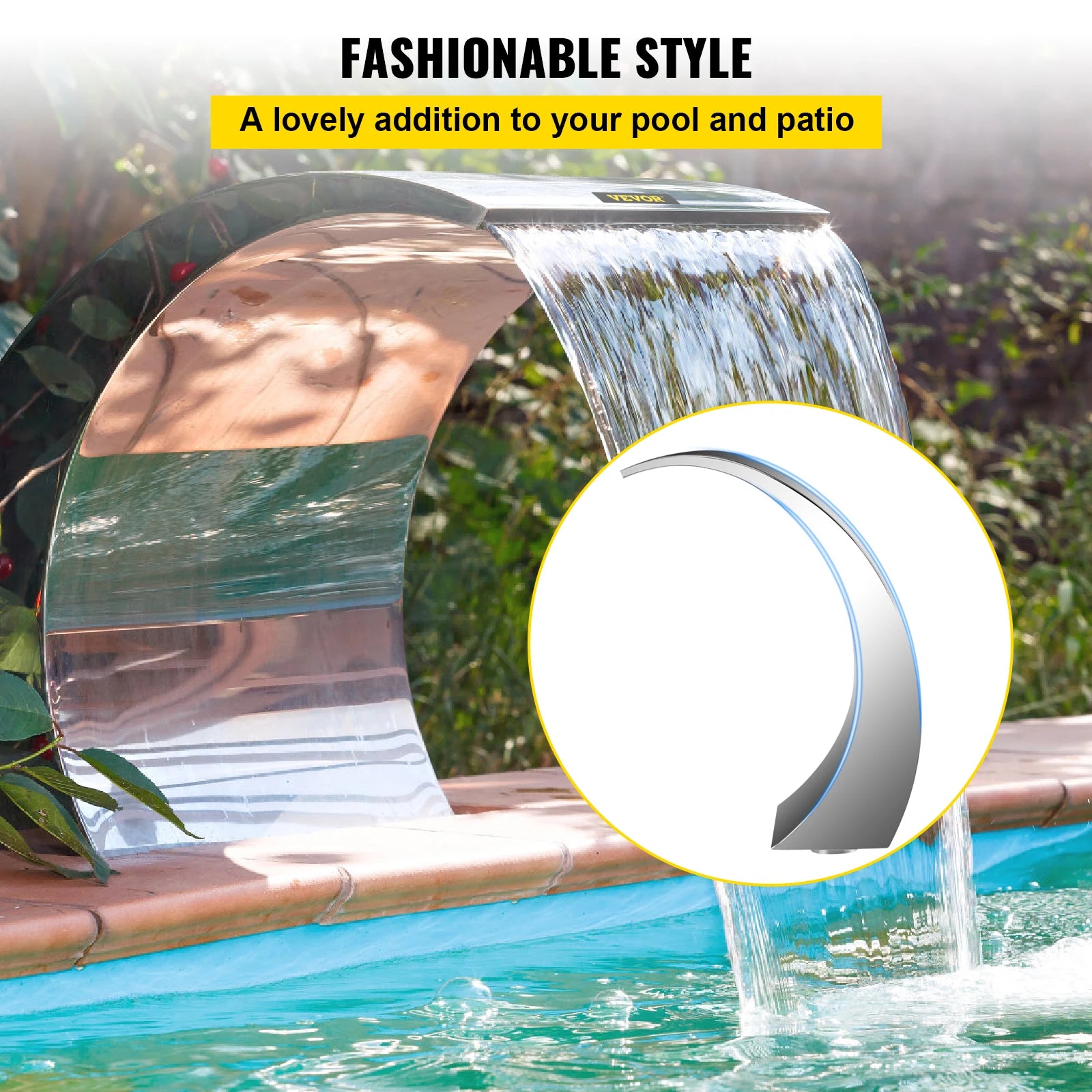 SucceBuy 60x30/40x20 cm Pool Fountain Waterfall Stainless Steel Fountain Pond Garden Swimming Feature Decorative Hardware Faucet