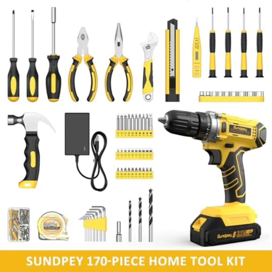 Sundpey 170-Piece Home Repair Tool Kit with 21V Drill