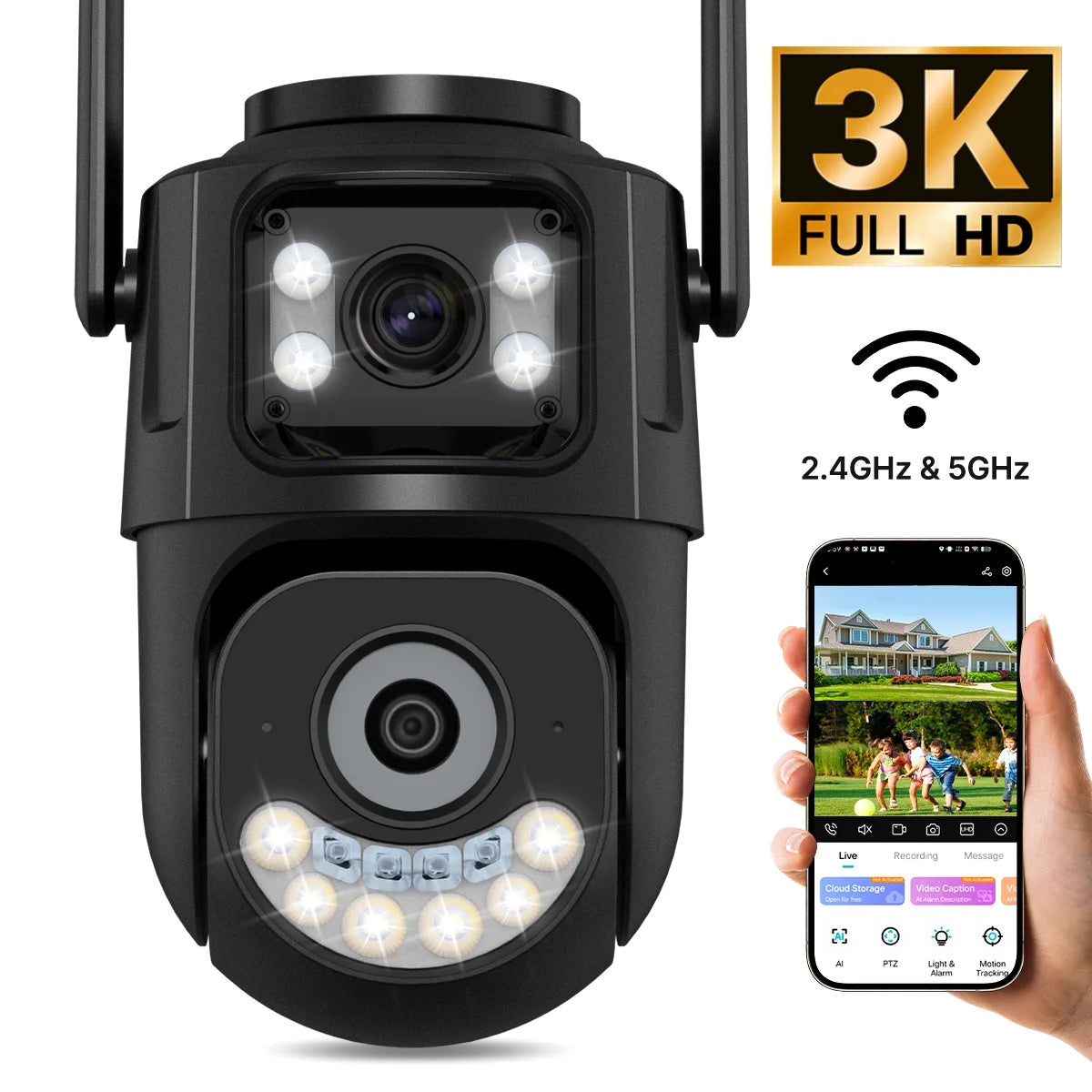 2.4GHz & 5GHz WiFi PTZ Security Camera with Smart Tracking, Night Vision, Two-Way Audio