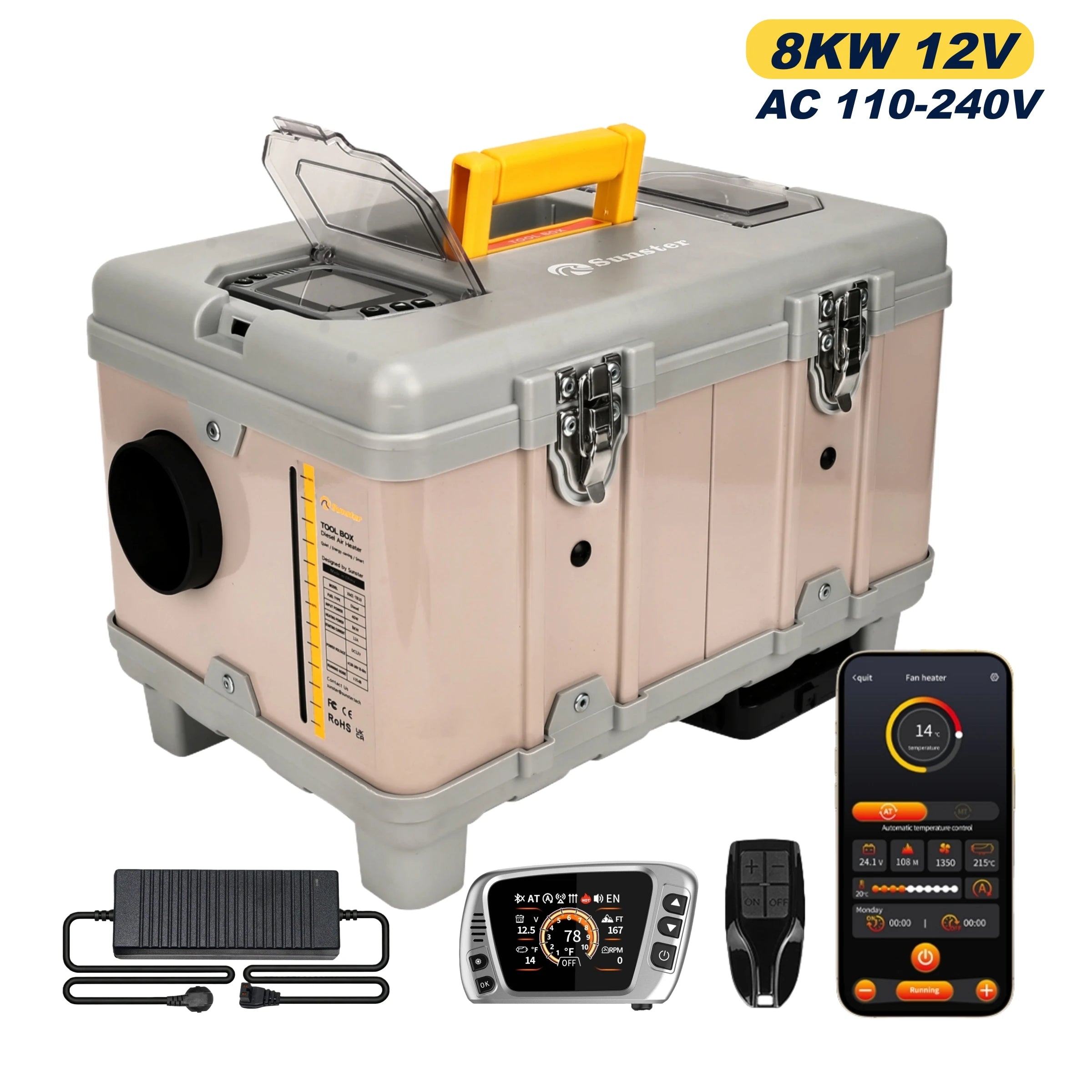 8KW Diesel Air Heater with Bluetooth App, Remote Control and 6L Tank