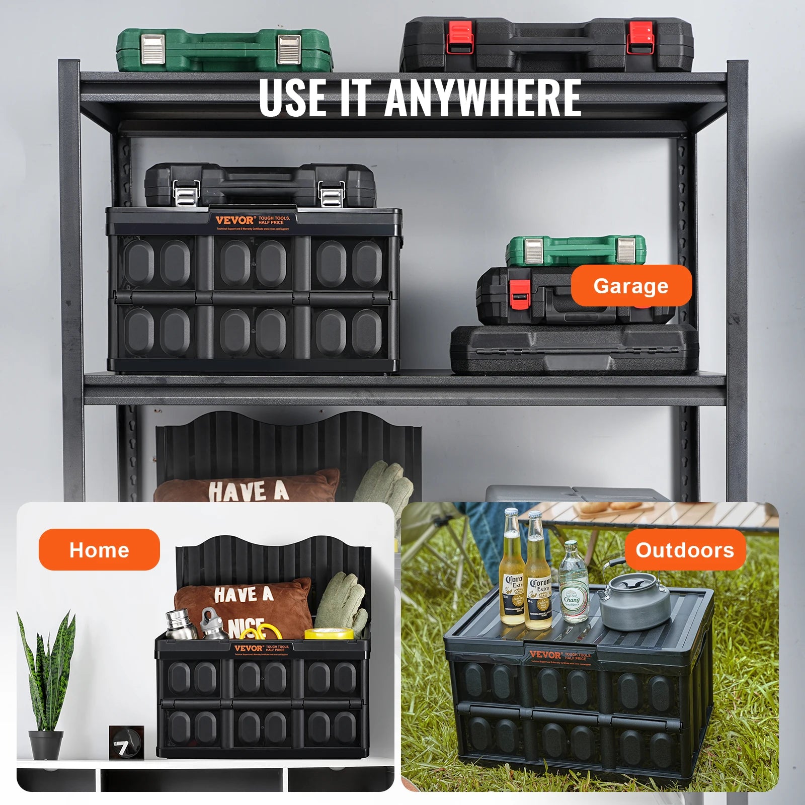 Set di 3 contenitori pieghevoli impilabili da 45 L/65 L per garage, con coperchi, uso utilitario, per vestiti, snack e generi alimentari