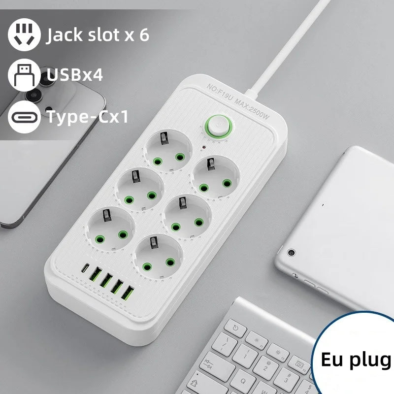 مقبس كهربائي ذكي متعدد المنافذ بقابس EU مع 6/8 فتحات EU و4 منافذ USB Type C وحماية من اندفاع التيار ومحول شحن الهاتف