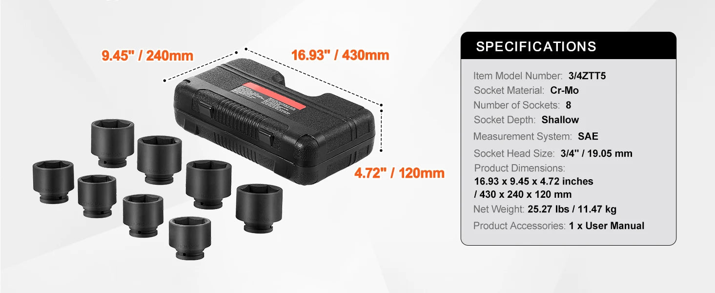 SucceBuy Axle Nut Impact Socket Set Drive Deep 6-Point 8-Piece SAE Spindle Nut Socket Set CR-MO Heat Treated Large Socket Set