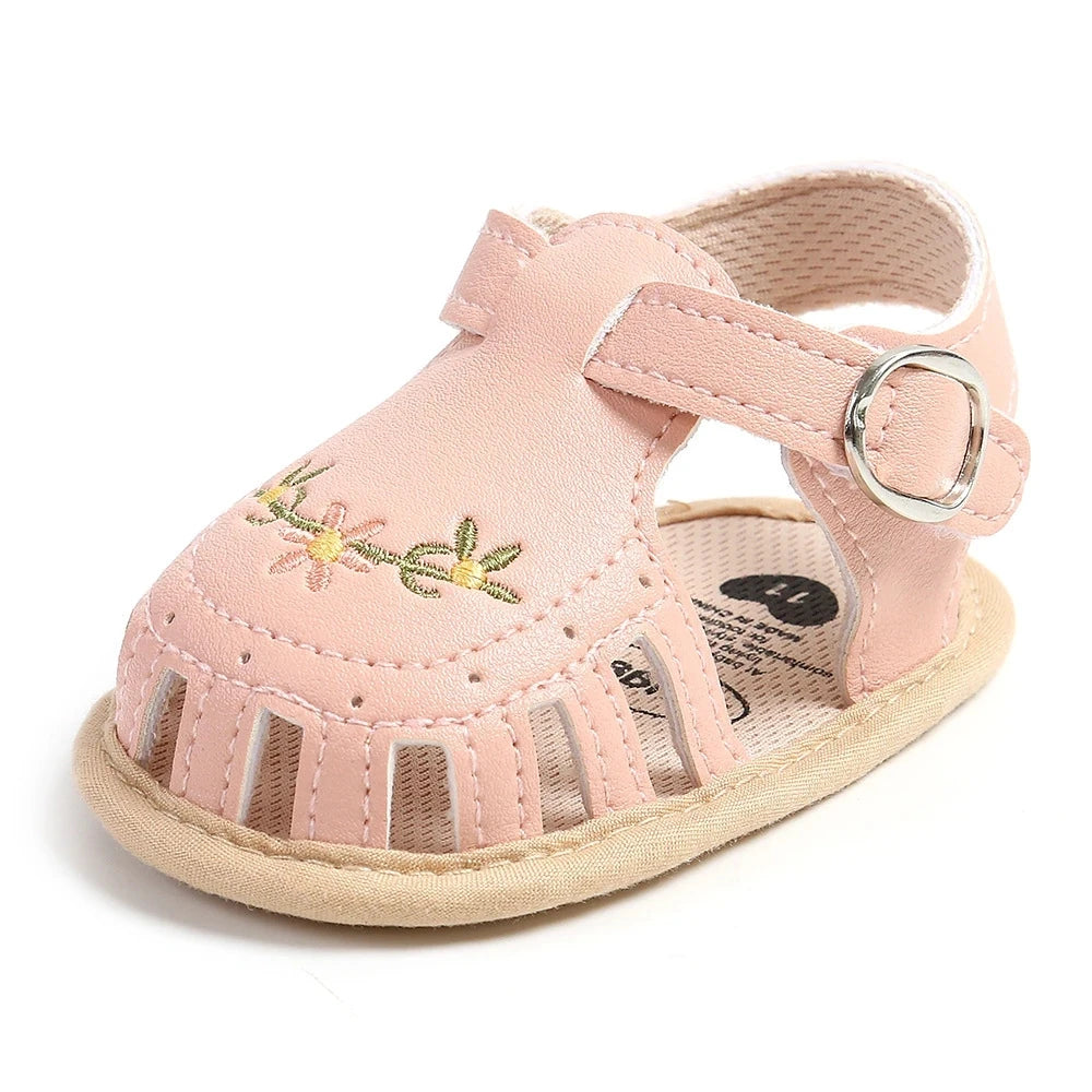 Newborn Baby Girl Sandals with Embroidered Floral Soft Sole