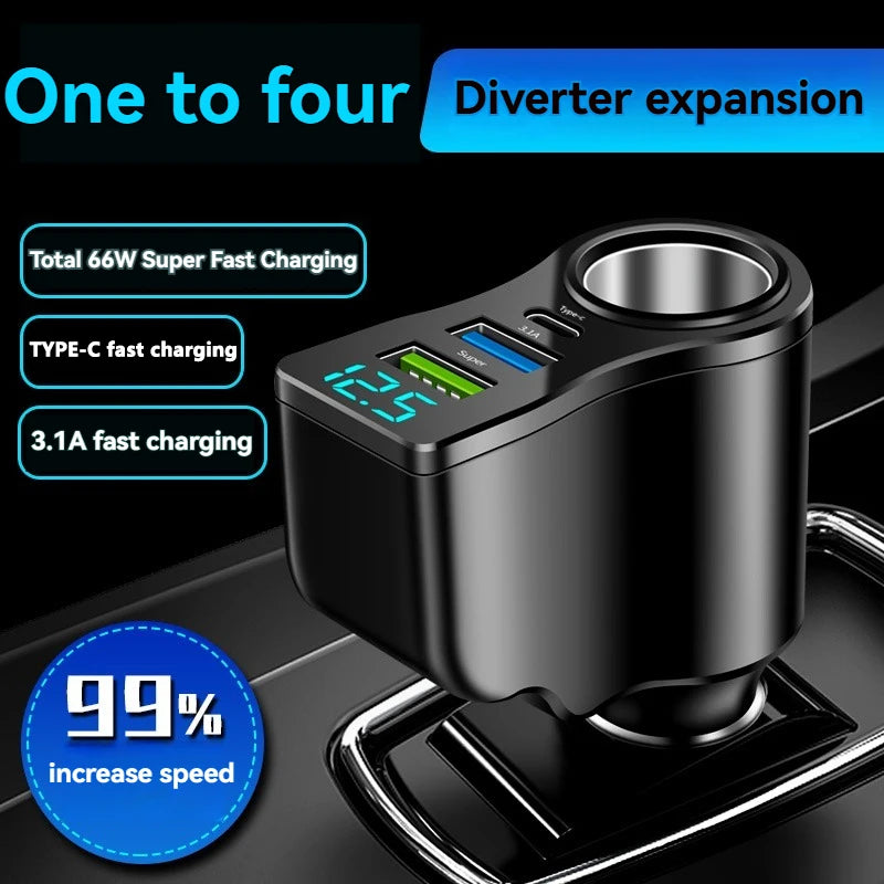 New digital display car fast charging dual USB car charger car one to three cigarette lighter 66W car multifunctional charger - Spy-shop.com