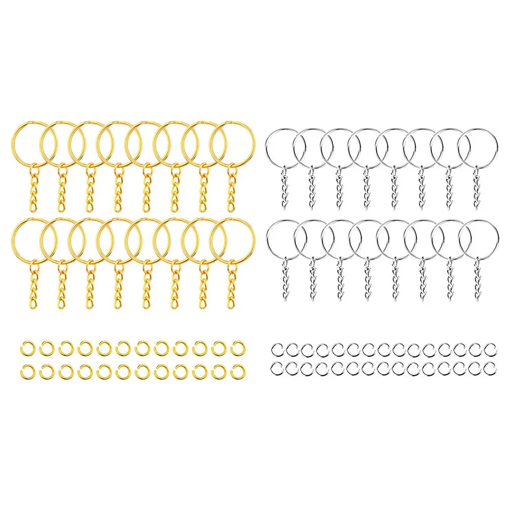 30pcs Silver Plated Metal Blank Keyring Keychain Split Key Ring with Chain Climbing Buckles Carabiner Keychain Rings Accessories