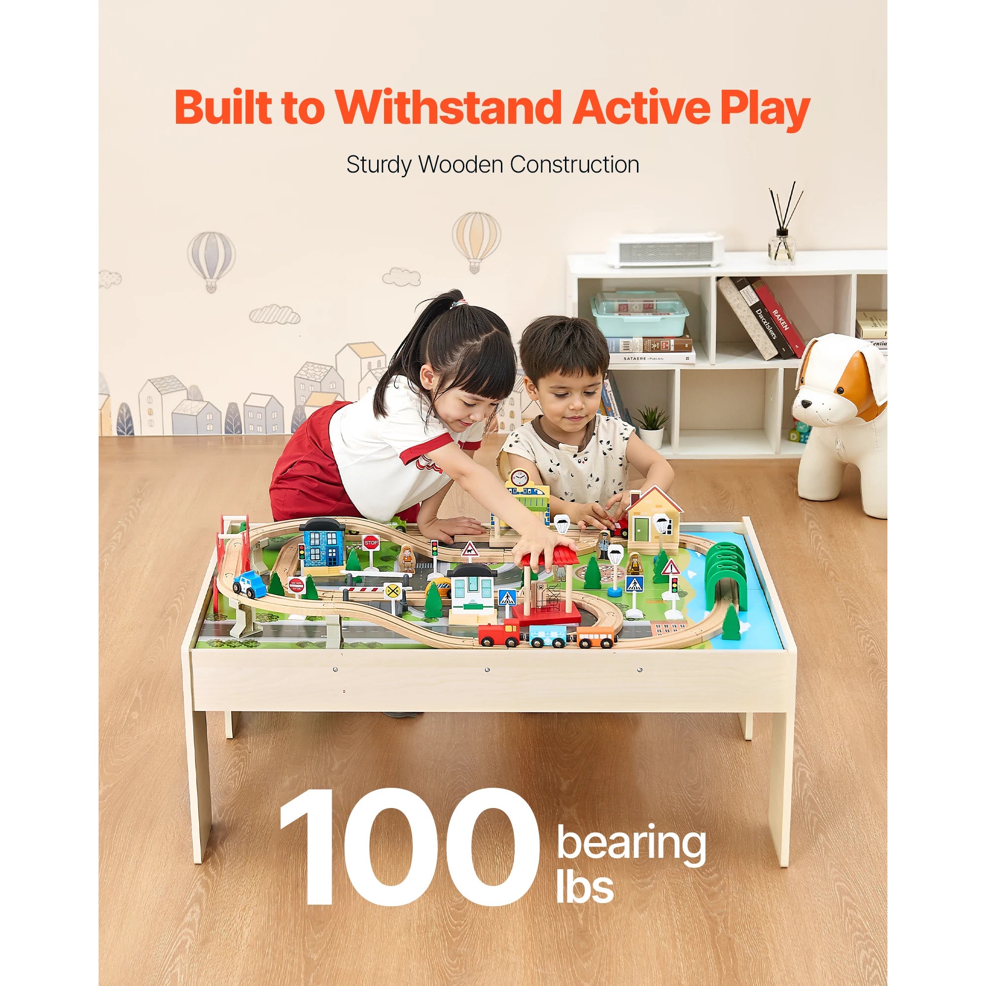 Kids Wooden Train Table Set with Storage & Double-Sided Play Surface