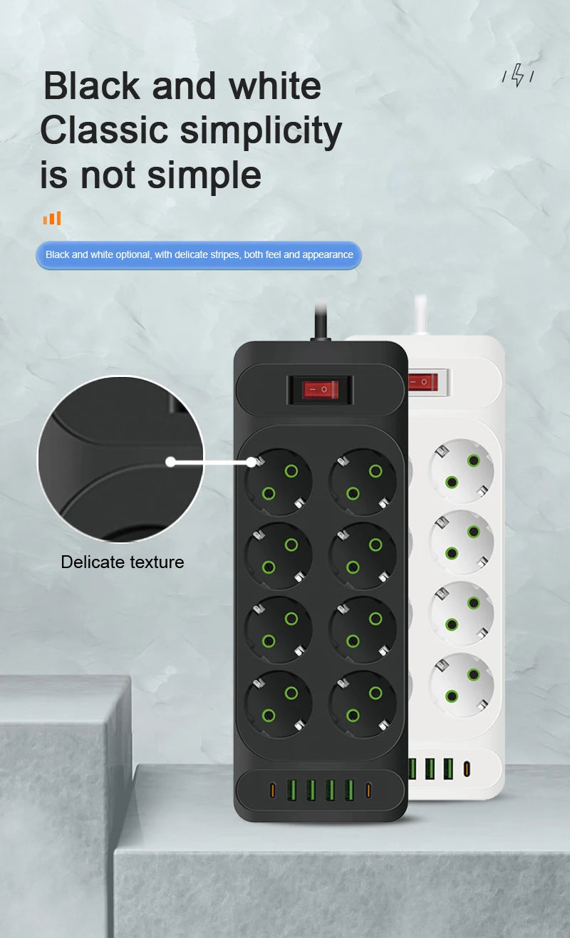 EU Plug AC Outlet Multitap Power Strip 2m Extension Cord Electrical Socket Smart USB Home Office Surge Protector Network Filter