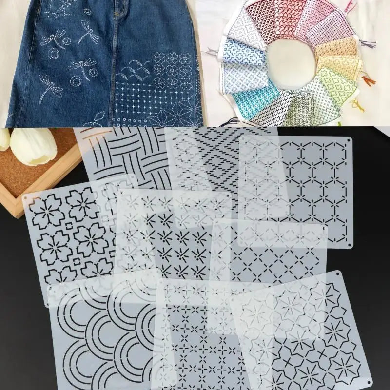 Herbruikbare Sashiko-stijl borduurtemplates — 9 of 32 stuks
