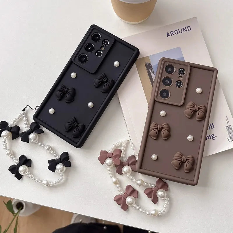 Bow Tie Pearl Chain Phone Case for Xiaomi, Soft Silicone