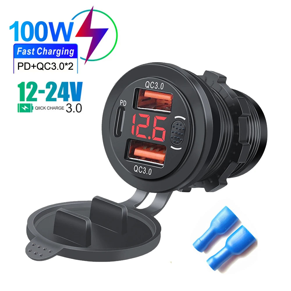 100W USB Car Charger Socket with Dual QC3.0, USB-C PD, Voltmeter and Touch Switch