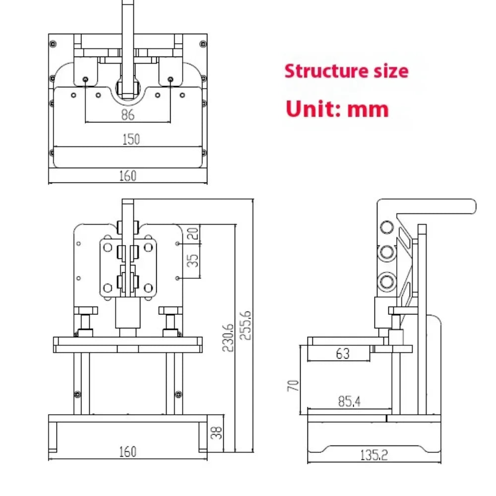 Fixture de test PCB avec zone de travail 150 x 85 mm
