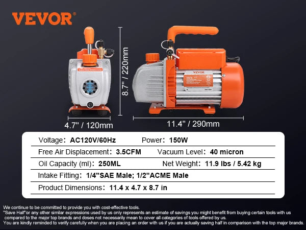 VEVOR HVAC-vacuümpomp 3,5–7 CFM 1- en 2-traps AC120V