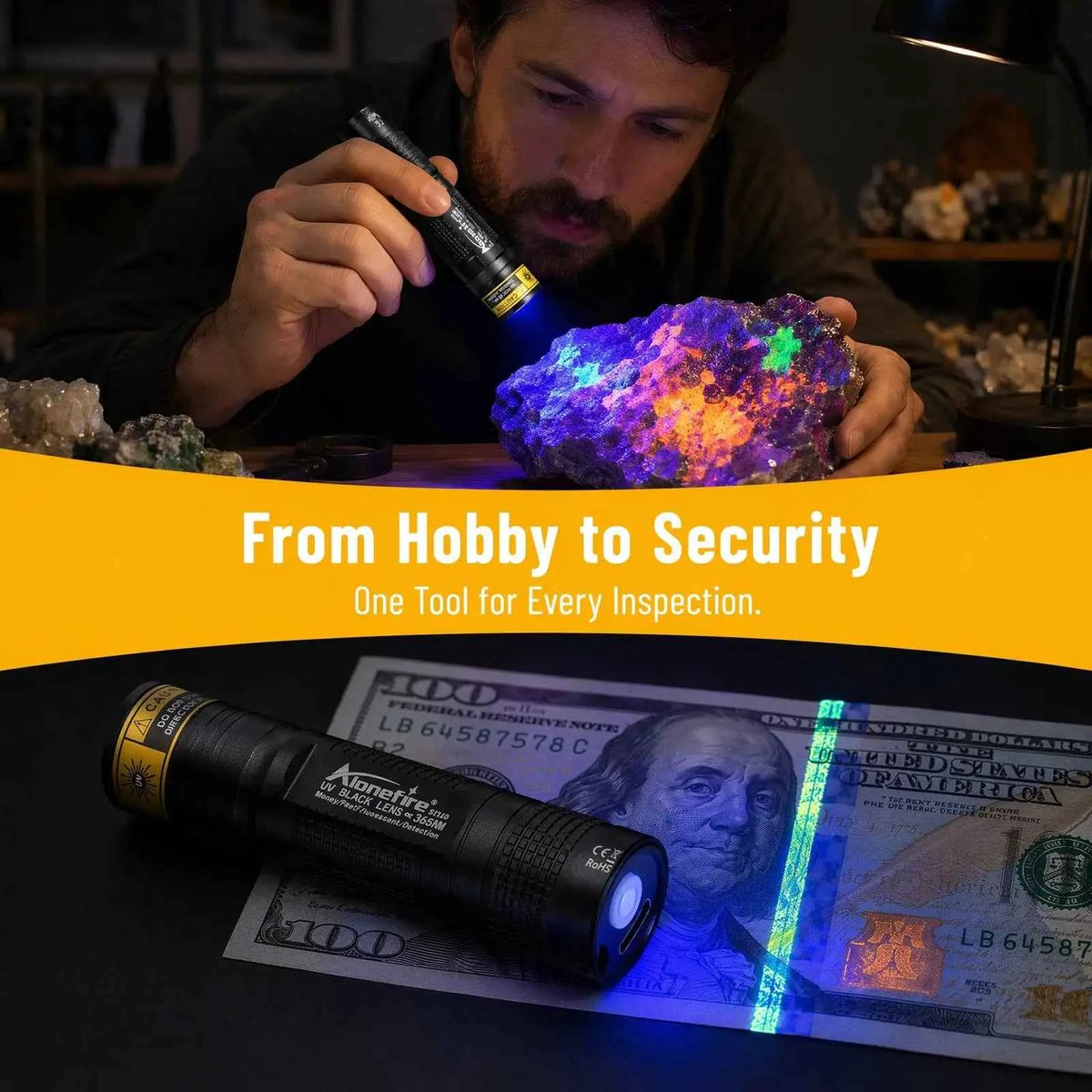 Mini USB-C Rechargeable UV Flashlight — 365 nm or 395 nm