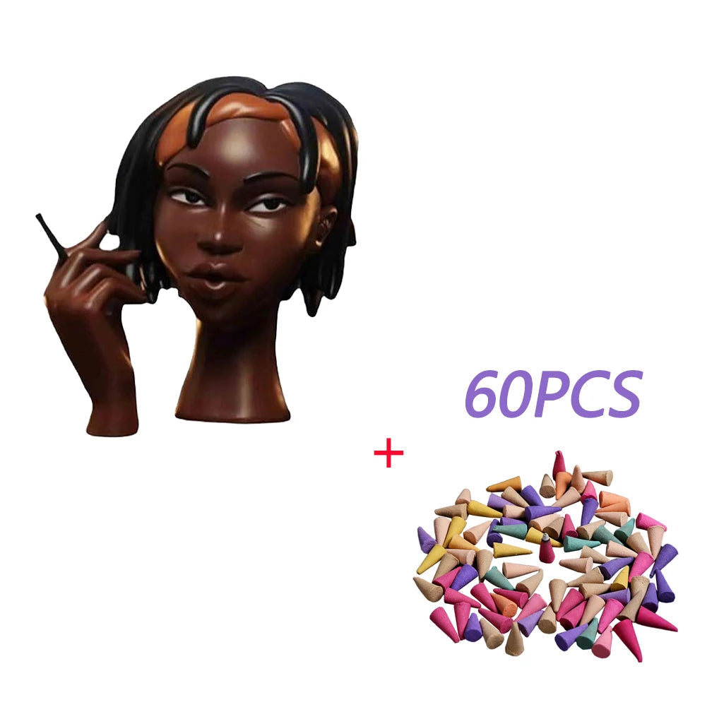 NEW Head Incense Burner Black Women Face Resin Incense Holder With 60Pcs Incense Cones for Bedroom Office Home
