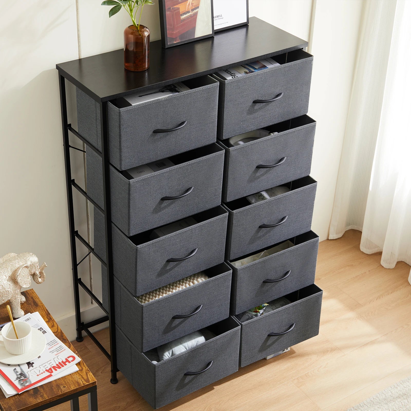 10 Drawer Fabric Dresser Nightstand with Steel Frame Storage