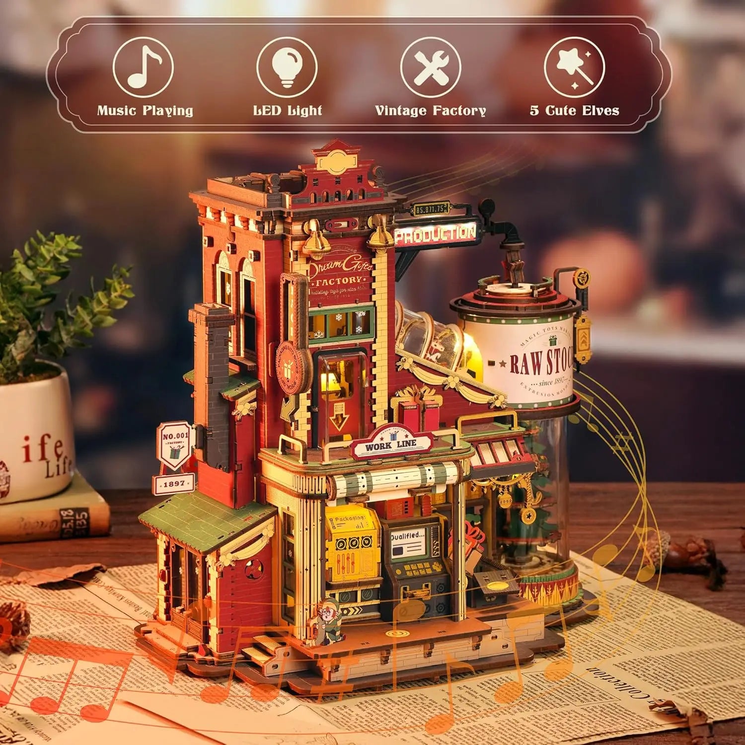 Robotime Rokr Scatola Musicale in Legno Sogno di Natale Regalo Fabbrica Puzzle 3D