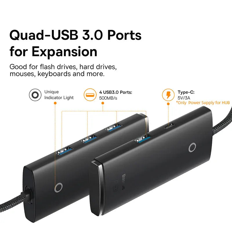 Čtyřportový rozbočovač USB Baseus, 5 Gbps, USB-A nebo USB-C