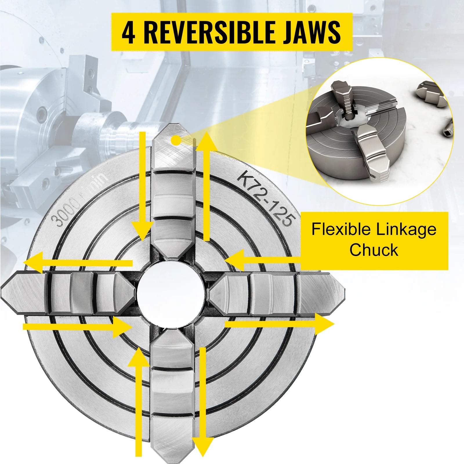 SucceBuy K72-125 Lathe Chuck 5 Inch 4-Jaw Independent Reversible Jaw Metal Lathe Chuck Turning Machine Accessories, Lathes Use