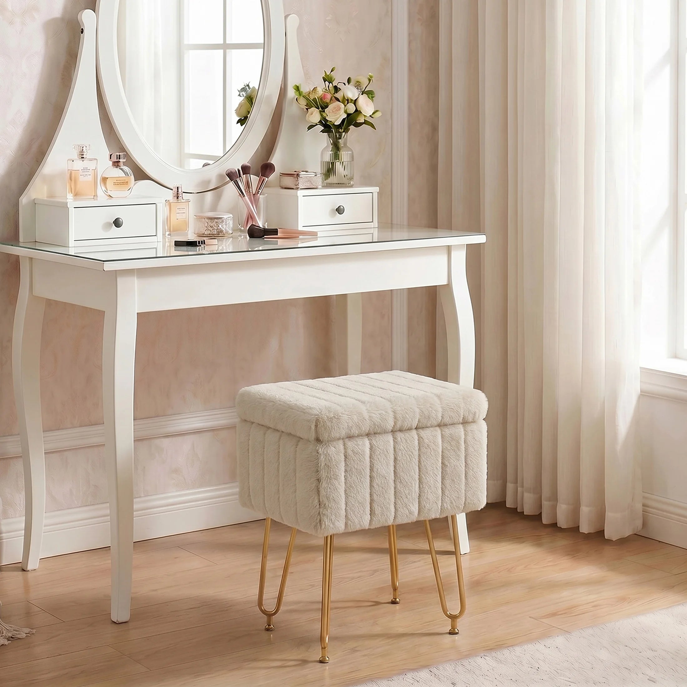 Faux Fur Vanity Stool with Hidden Storage and Metal Legs