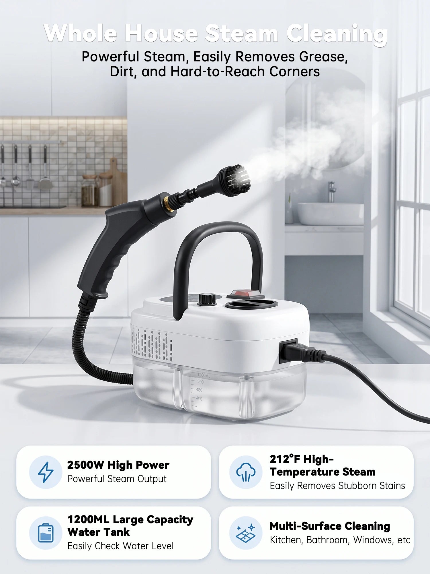 2500W Handheld Steam Cleaner with 1200ml Tank and Accessories