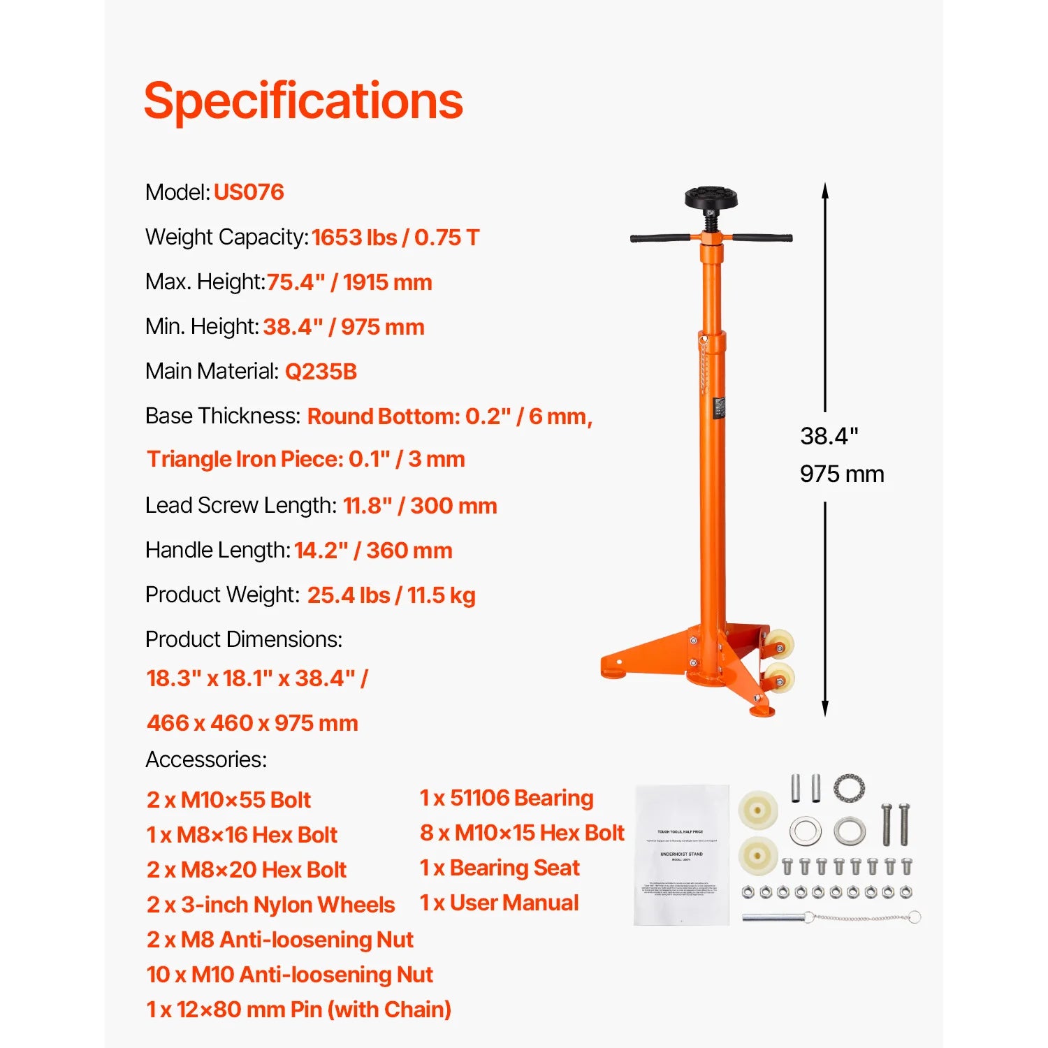Underhoist Jack Stand 3/4 Ton Adjustable Support with Wheels