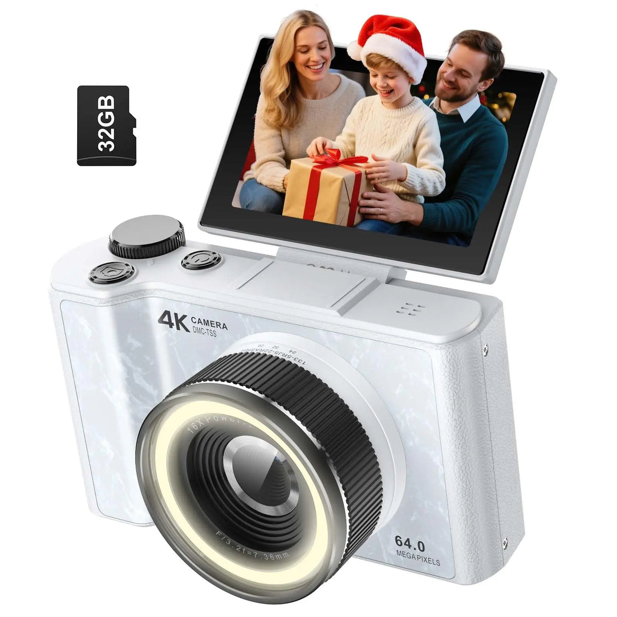 4K Vlogging Camera with 180° Flip Screen, Ring Light, Beauty Mode, 32GB SD Card