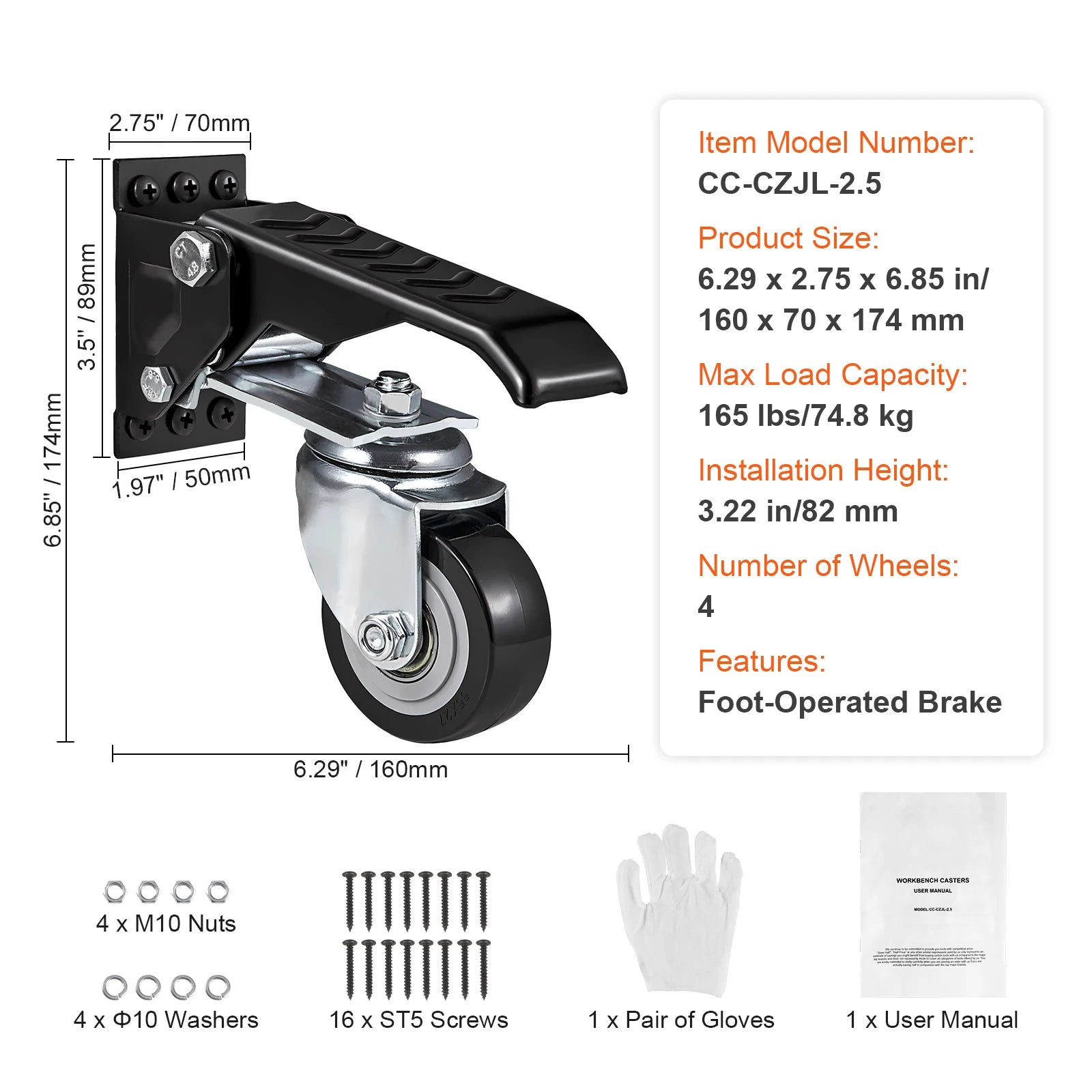 SucceBuy 165lbs 2.5" Set of 4 Workbench Caster Wheels Side Mounted Retractable Stepdown Wheel 360° Swivel for Tables & Equipment