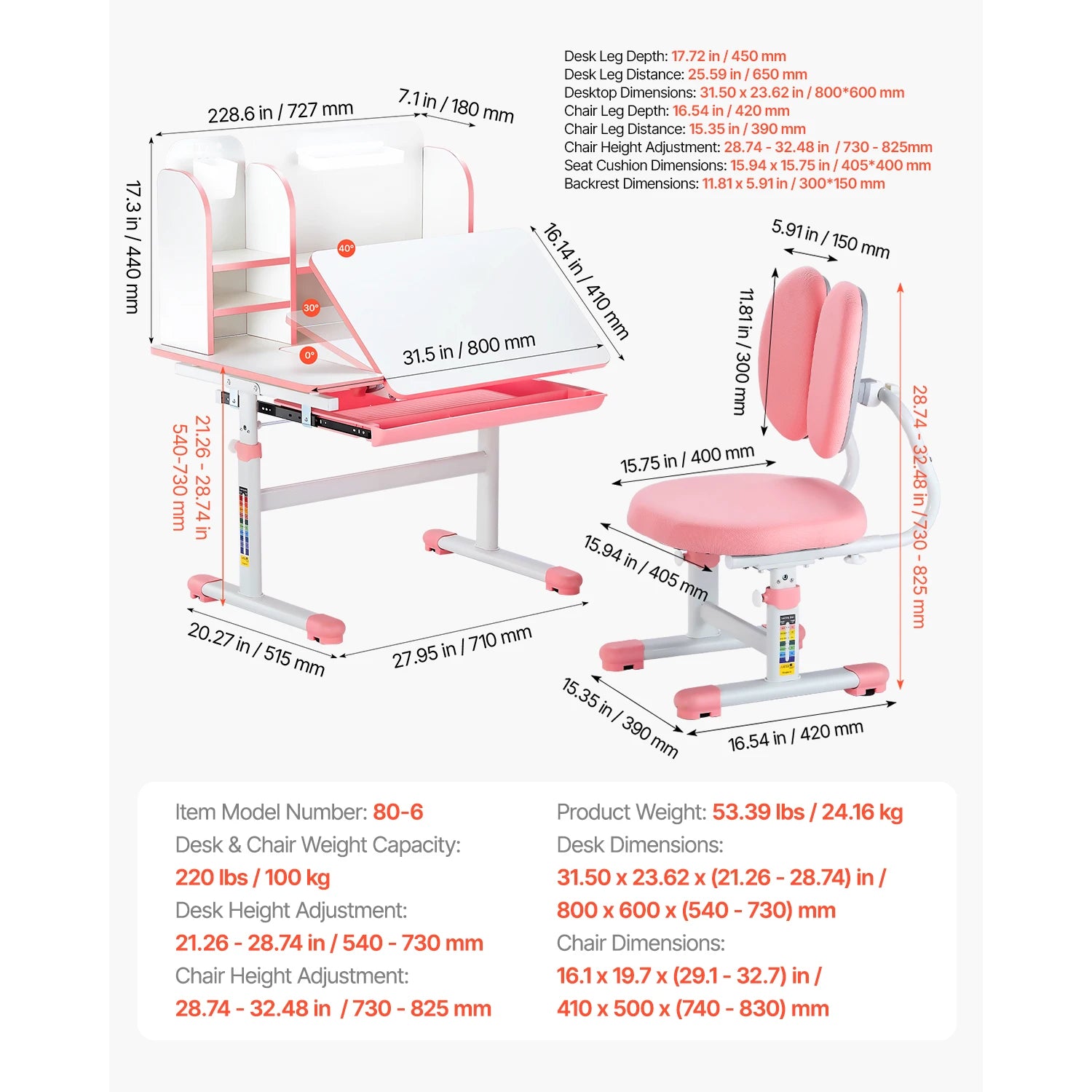 Ensemble bureau d'étude et chaise réglables pour enfants avec lampe et rangement