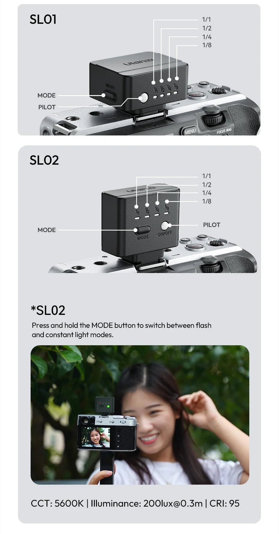 Ulanzi SL01 SL02 Mini Kamera Flaş Işığı SpeedLite GN8 6500K