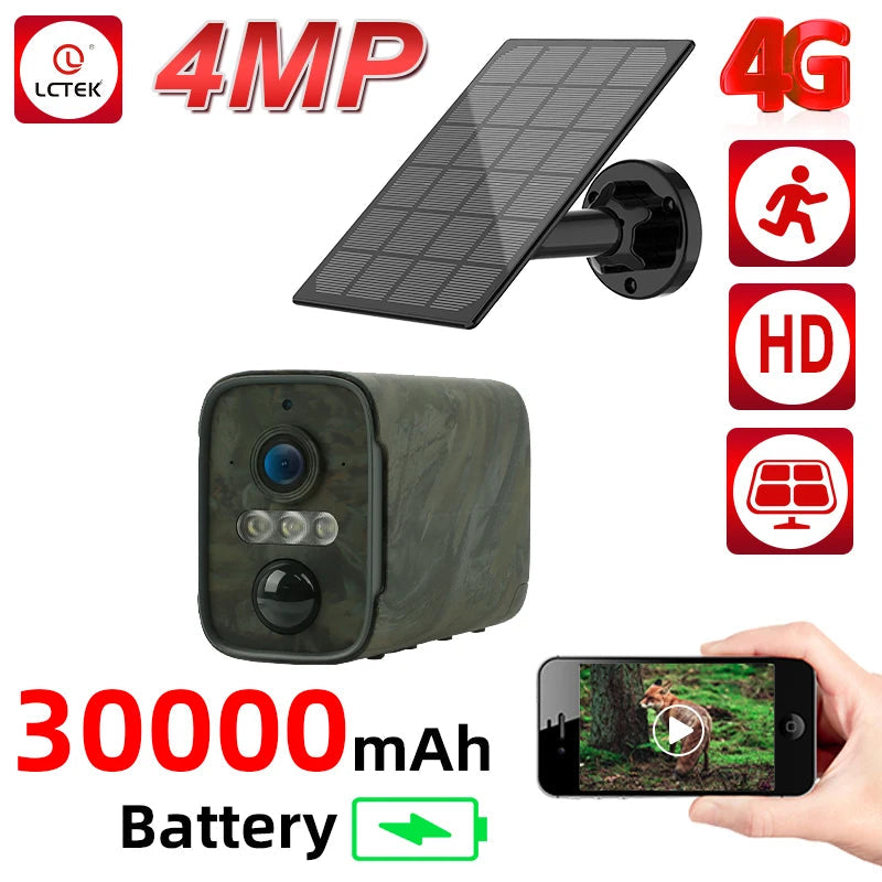 LCLCTEK 4MP 4G SIM 940nm Trail Hunting Camera Solar Powered Battery CCTV Camera PIR Detection Outdoor Wireless Security Camera