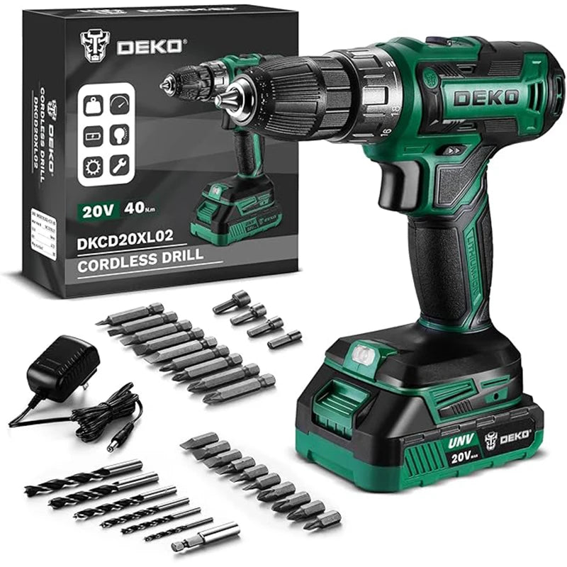DEKO 20V Cordless Drill Driver Kit with Battery and Charger