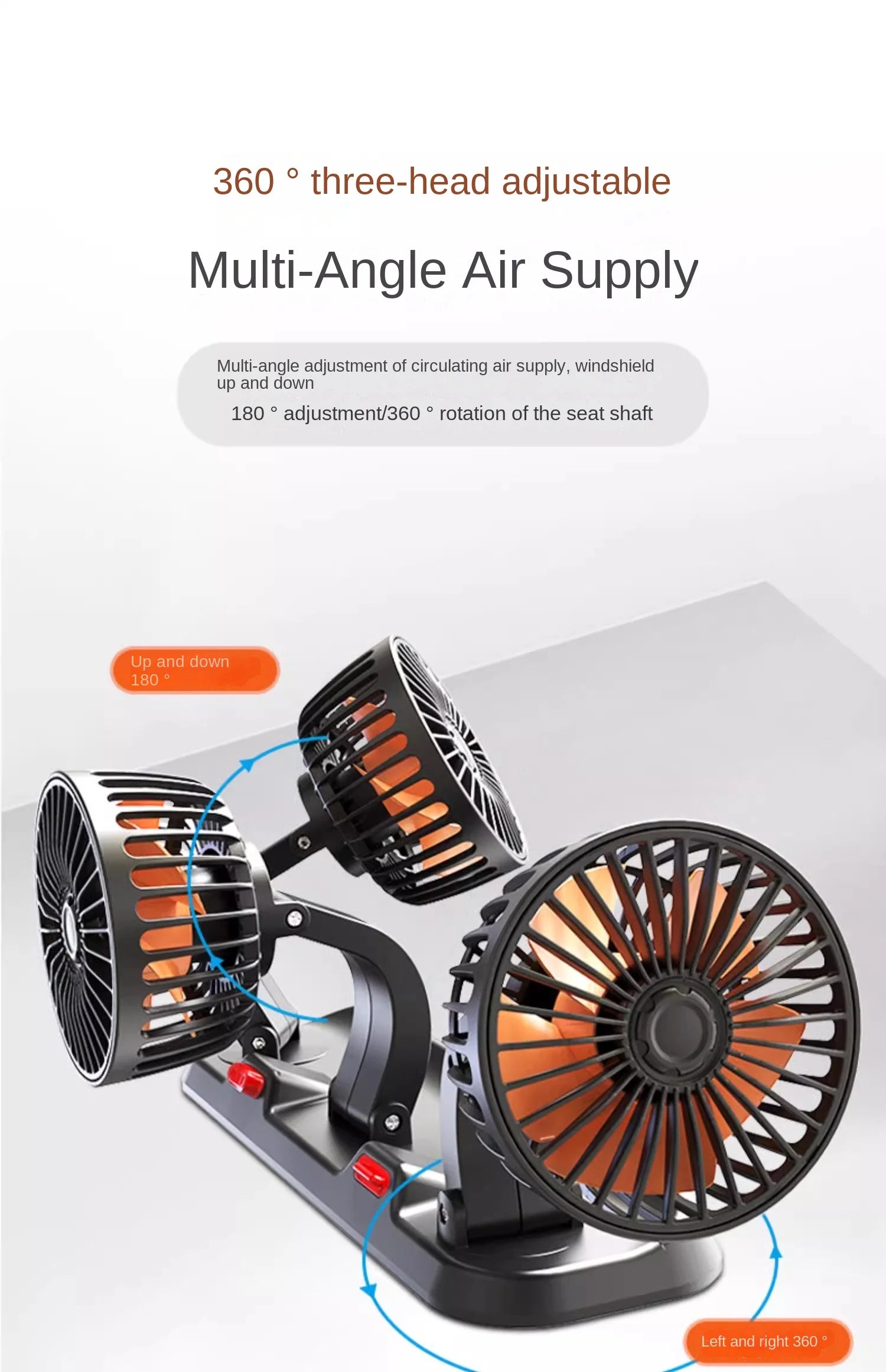 360° Justerbar Dobbelt Hoved Bilventilator med USB & 12V/24V Strøm