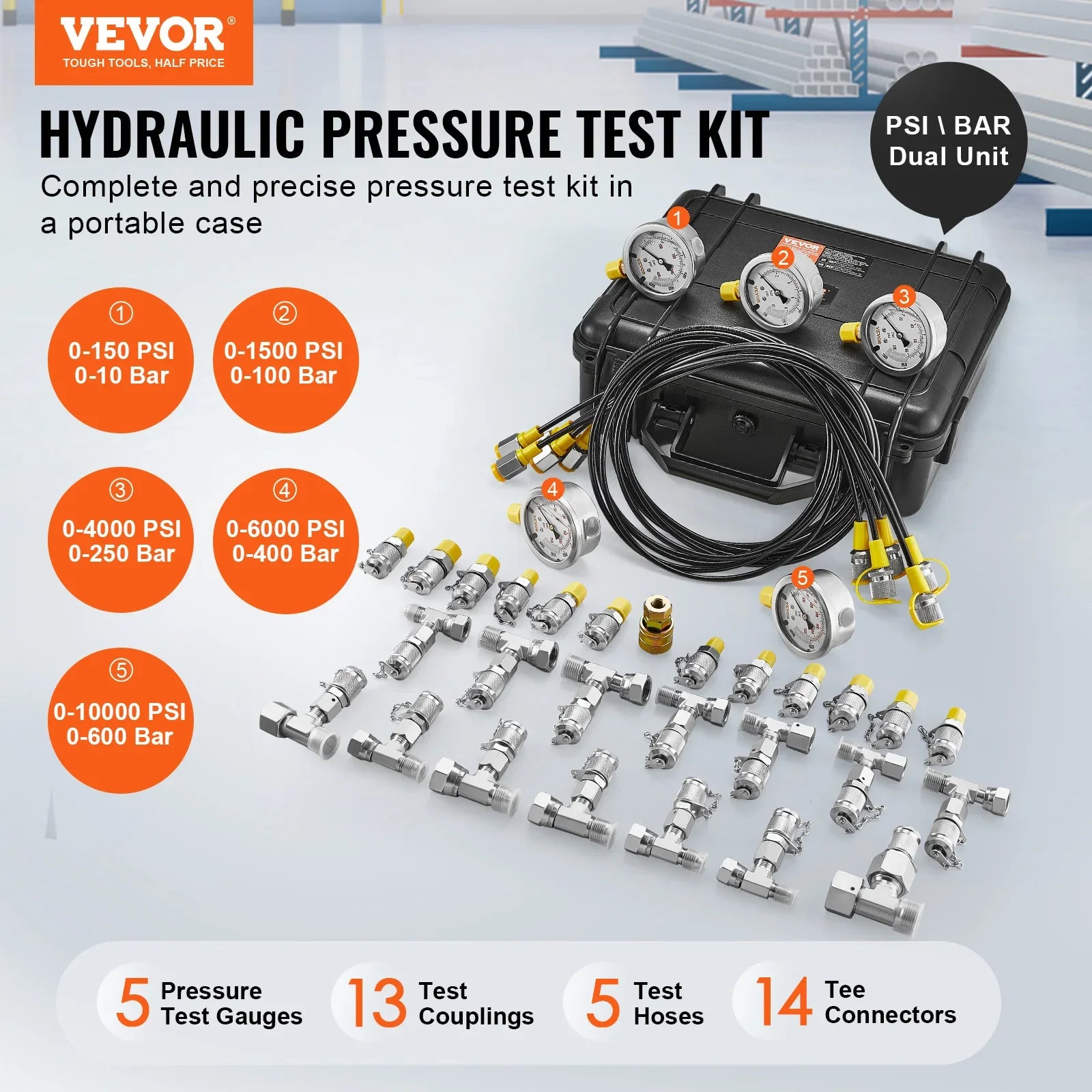 Sada pro testování hydraulického tlaku s 5 manometry a kompletní sadou adaptérů
