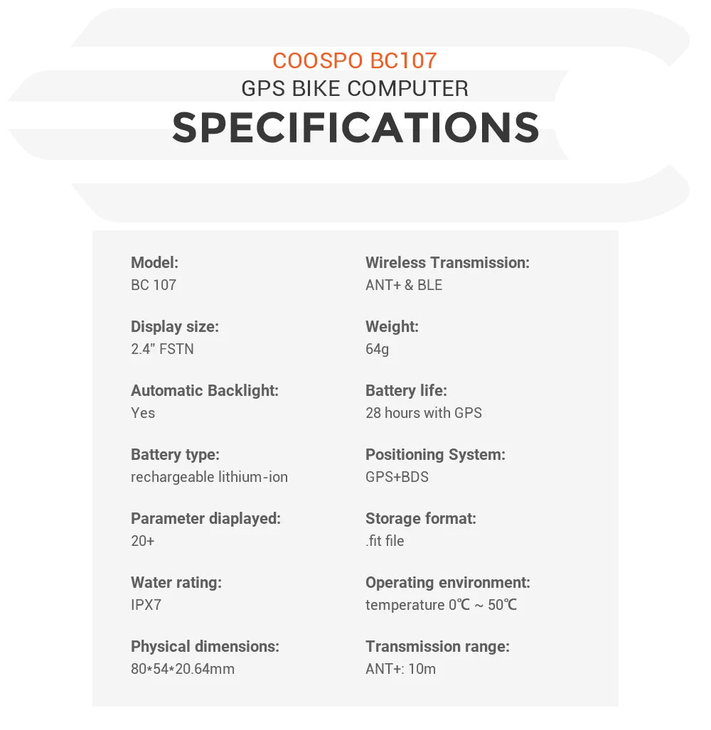 COOSPO BC107/BC26 Bike Computer GPS Wireless Bicycle Cycling Odometer Speedometer 2.4"FSTN Bluetooth5.0 ANT+ Waterproof GPS BDS