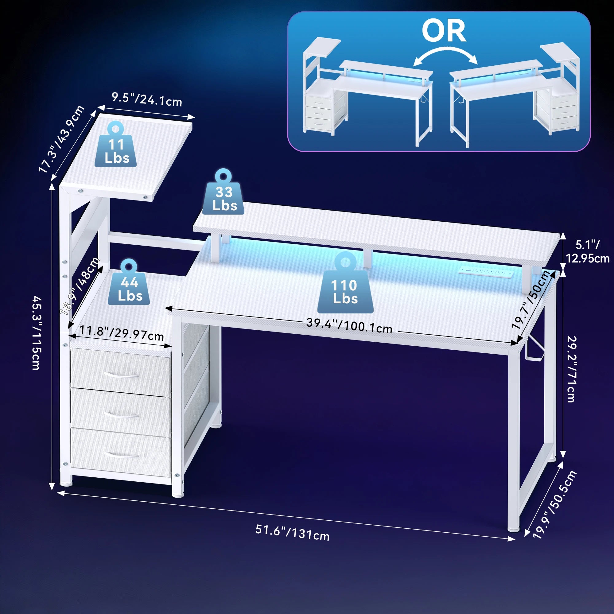 Reversible Gaming Desk with LED Lights, Power Outlets & Drawers