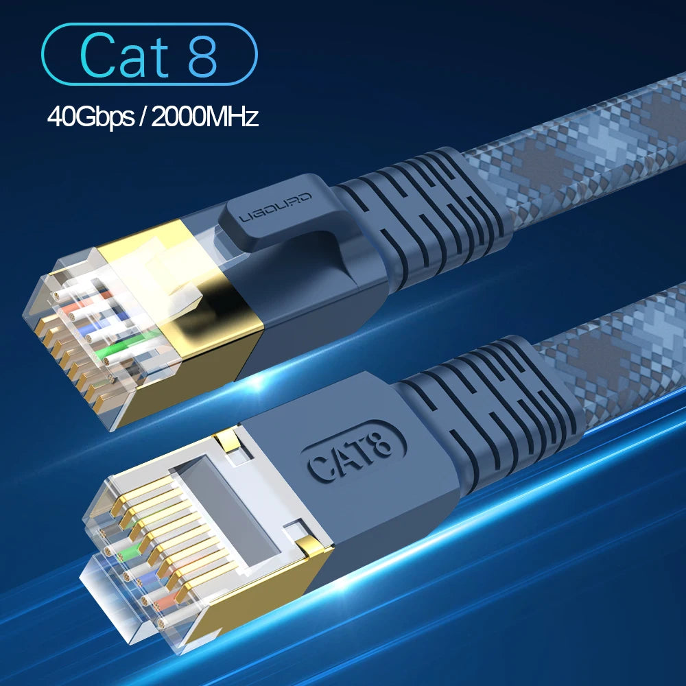 Flat Cat8 Ethernet Cable, 5-30 m Length Options