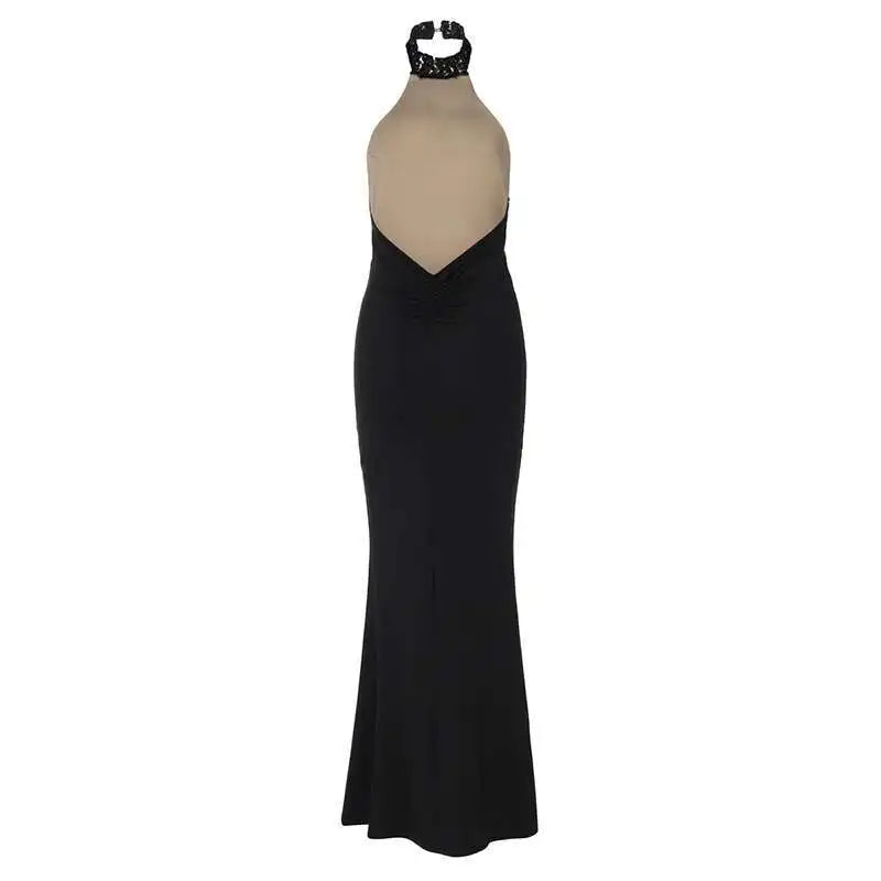Mozision Lace Halter Backless Sexy Maxi Dress For Women Black Off-shoulder Strapless Sleeveless Bodycon Club Party Long Dress