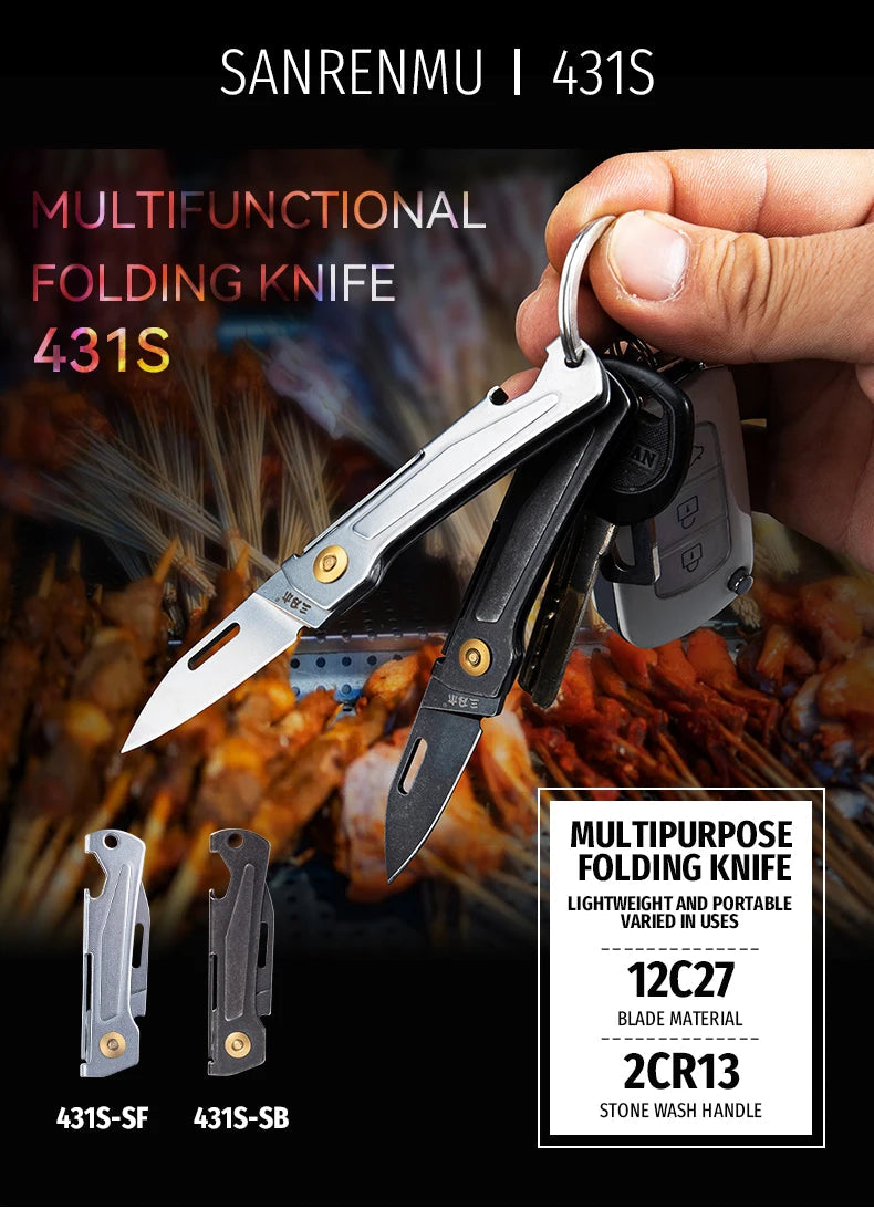 SANRENMU 431S Folding pocket knife 12C27 blade Portable EDC outdoor camping bottle opener Keychain hole knife