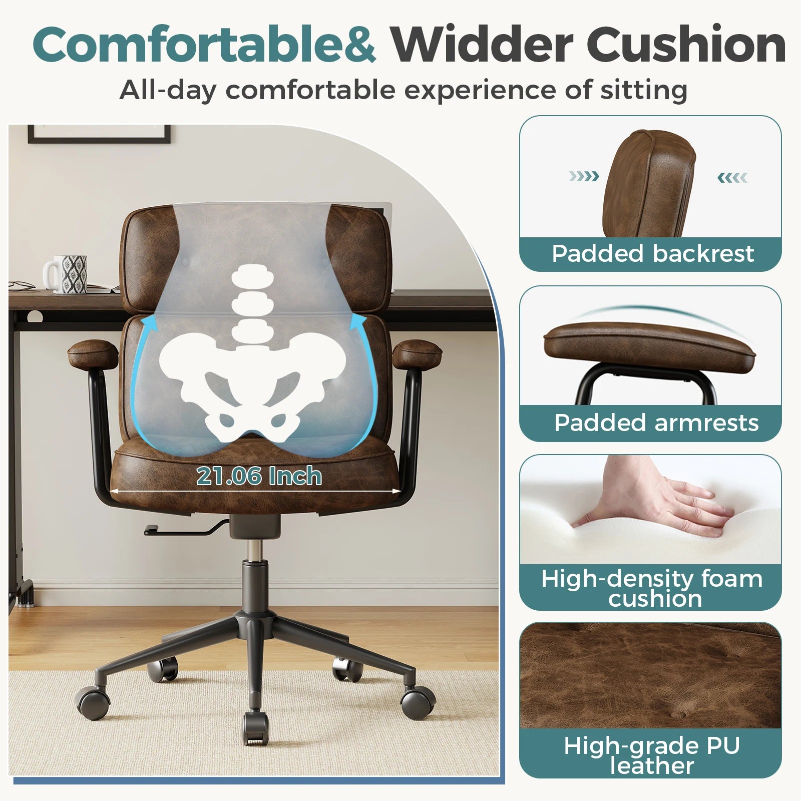 Ergonomic PU Leather Office Chair with Lumbar Support & Adjustable Height