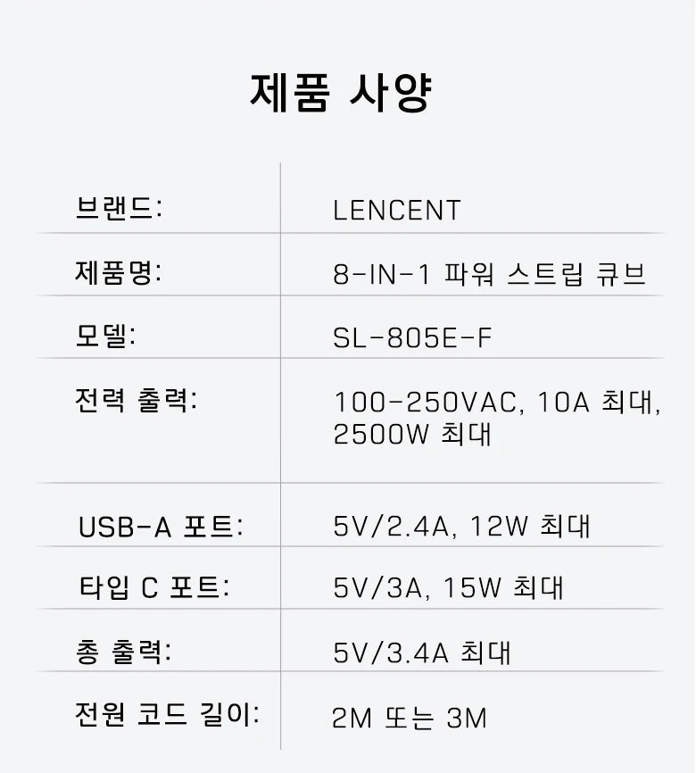 LENCENT EU Plug Power Strip with 4 AC Outlets 3 USB Port 1 Type C 2M/3M Braided Cable Multi Socket with Switch for Home