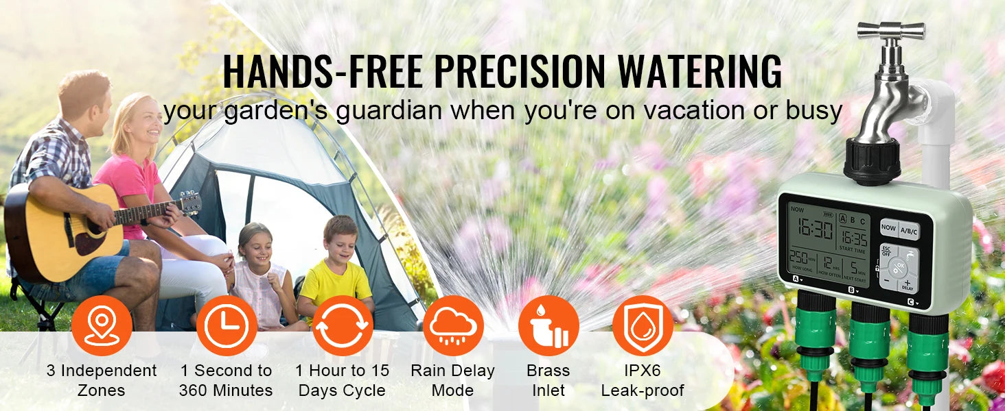 3-Zone Hose Water Timer with LCD, Rain Delay & Manual Mode