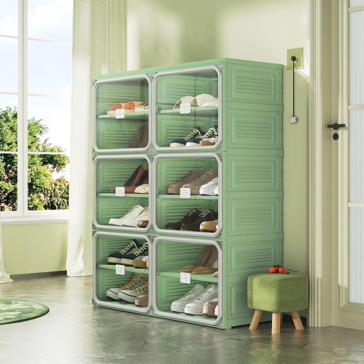 Νarrow Shoe Cabinet Folding Shoe Cabinet With Magnetic Door, Shoe Rack With 6 Doors And 12 Compartments, Shoe Cabinet, For 24 Pairs Of Shoes, 85 X 34 X 108 cm, Plastic Storage Cabinet, For Living Room, Bedroom, Hallway