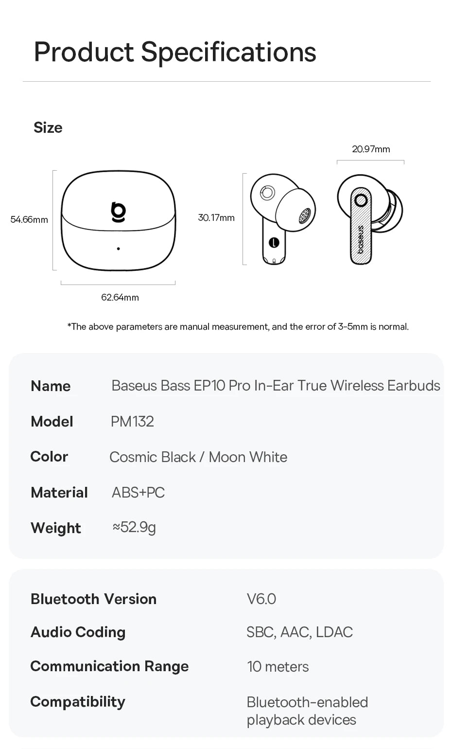 Baseus EP10 Pro ANC draadloze oordopjes met LDAC en 55 uur batterijduur