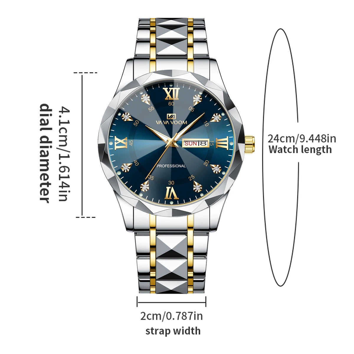 2024 New Men's Watch Fashion Rivet Stainless Steel Strap Luxury Water Diamond Diamond Luminous Blue Gold Dial Business Men Watch