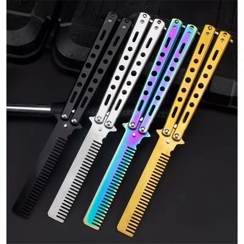 Foldable Comb Stainless Steel Practice Training Butterfly Knife Comb Beard Moustache Brushe Salon Hairdressing Styling Tool