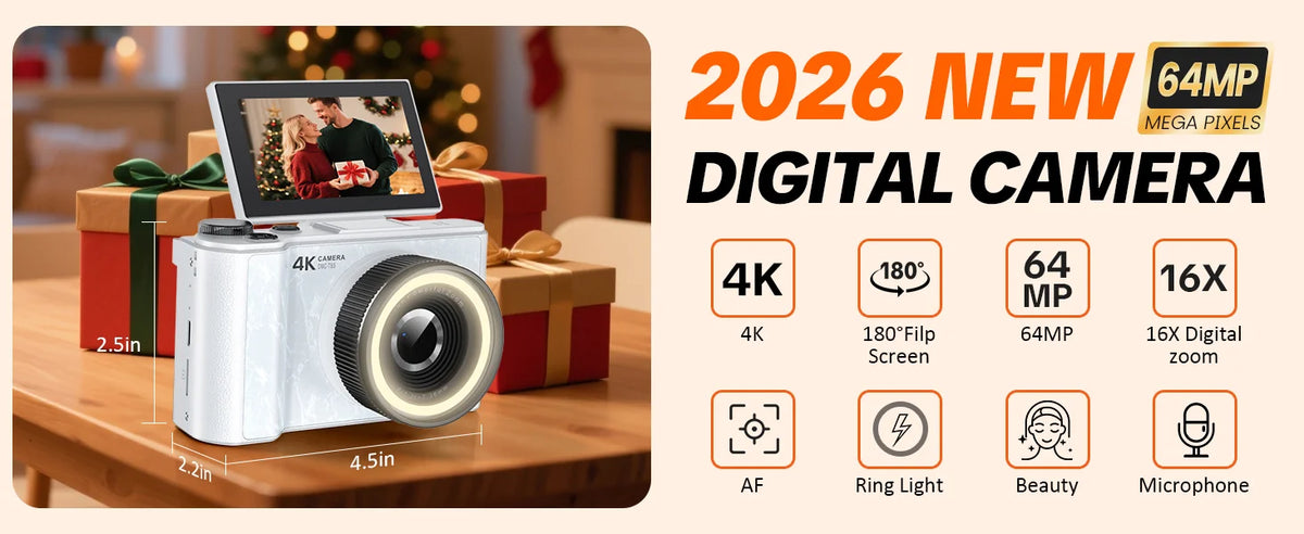 4K Vlogging Camera with 180° Flip Screen, Ring Light, Beauty Mode, 32GB SD Card