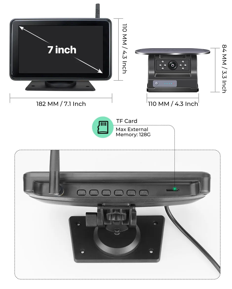 7'' Magnetic Solar Charging Wireless DVR Camera with 1080P Touch Monitor BSD Blind Spot Alarm, for Truck/RV/Trailer/Forklift